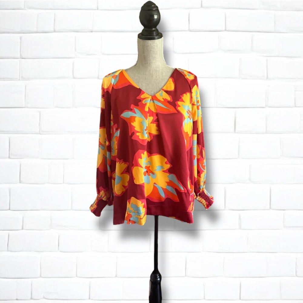 Floral V-Neck Blouse - Red and Yellow